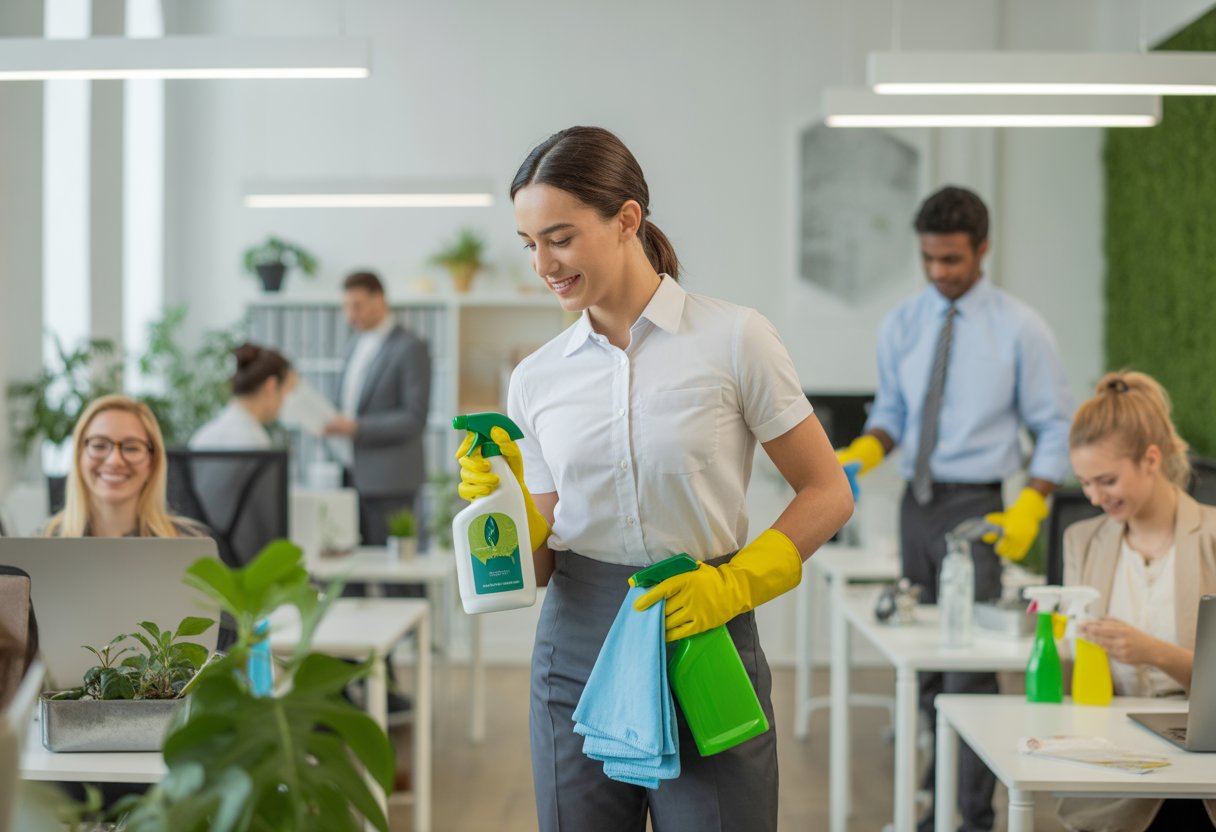 Empleados trabajando en una oficina limpia y luminosa mientras un empleado de limpieza utiliza productos ecológicos.