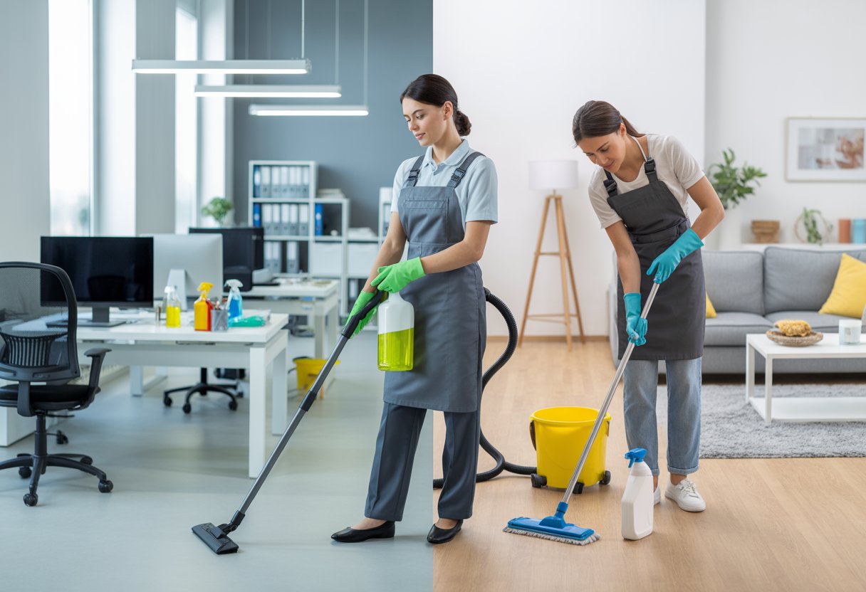 Dos personas limpiando, una en una oficina moderna con equipo especializado y otra en una sala de estar doméstica con utensilios de limpieza caseros.
