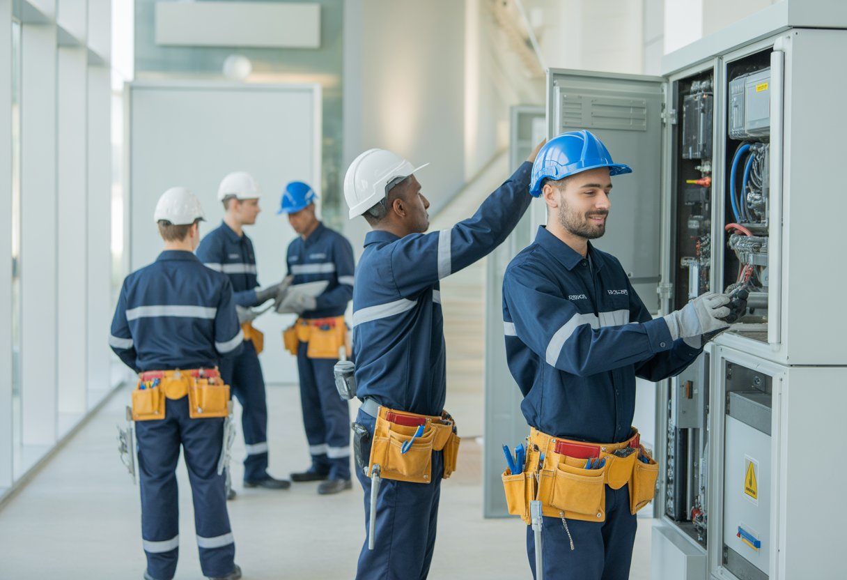 Equipo de técnicos de mantenimiento trabajando juntos en un edificio moderno, inspeccionando y reparando sistemas con herramientas y equipo de seguridad.