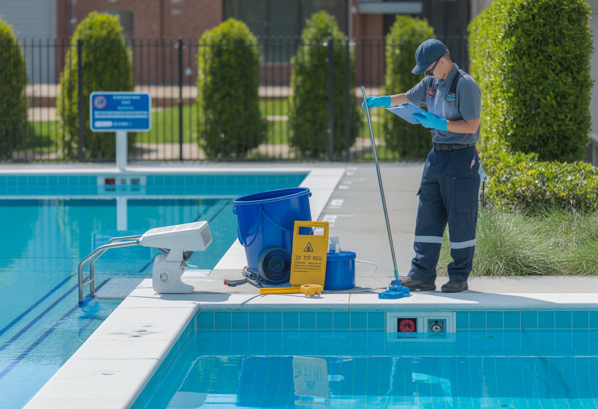Técnico de mantenimiento inspeccionando una piscina comunitaria al aire libre con equipo de limpieza y agua clara.