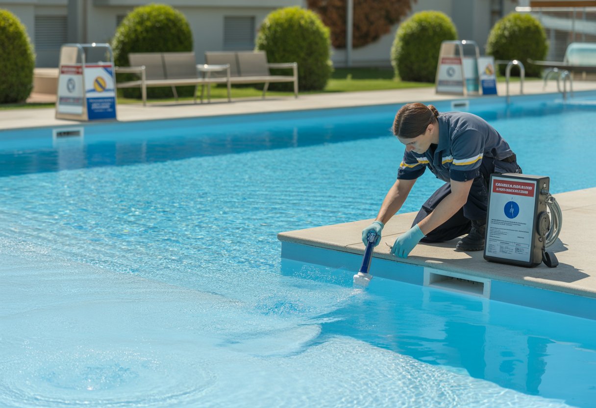 Trabajador inspeccionando el agua de una piscina comunitaria limpia y bien mantenida al aire libre.